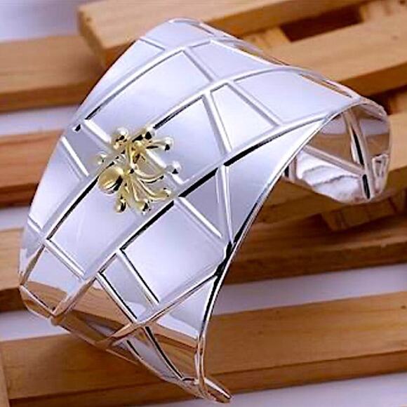 Sterling Silver Wide Bangle Gold Spider Two Tone Bangle Luxury Bracelet - Picture 1 of 12
